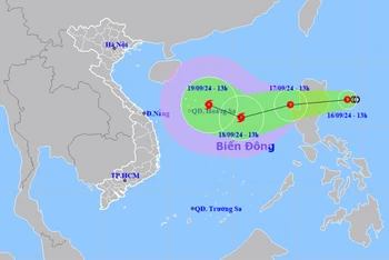 Vị trí và hướng di chuyển của áp thấp nhiệt đới lúc 13 giờ. (Nguồn: nchmf.gov.vn)