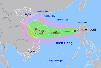 Vị trí và hướng di chuyển của áp thấp nhiệt đới lúc 13 giờ. (Nguồn: nchmf.gov.vn)