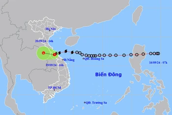 Vị trí và hướng di chuyển của áp thấp nhiệt đới (suy yếu từ bão số 4). (Nguồn: nchmf.gov.vn)