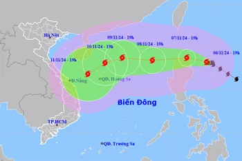 Vị trí và hướng di chuyển của bão Yinxing lúc 19 giờ ngày 6/11. (Nguồn: nchmf.gov.vn)