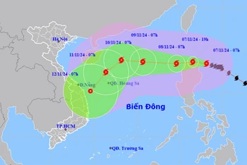 Vị trí và hướng di chuyển của bão Yinxing lúc 7 giờ ngày 7/11. (Nguồn: nchmf.gov.vn)