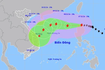 Vị trí và hướng di chuyển của bão Yinxing lúc 19 giờ ngày 7/11. (Nguồn: nchmf.gov.vn)