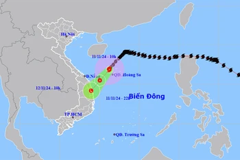 Vị trí và hướng di chuyển của bão số 7 lúc 10 giờ ngày 11/11. (Nguồn: nchmf.gov.vn)