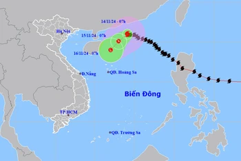 Vị trí và hướng di chuyển của bão số 8 lúc 7 giờ ngày 14/11. (Nguồn: nchmf.gov.vn)