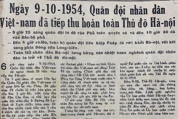 [Báo Nhân Dân, ngày 11-12/10/1954): Quân đội nhân dân Việt Nam đã tiếp thu hoàn toàn Thủ đô Hà Nội
