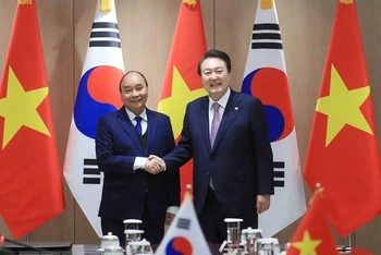 Chủ tịch nước Nguyễn Xuân Phúc và Tổng thống Hàn Quốc Yoon Suk Yeol tại buổi hội đàm. (Ảnh: TTXVN)