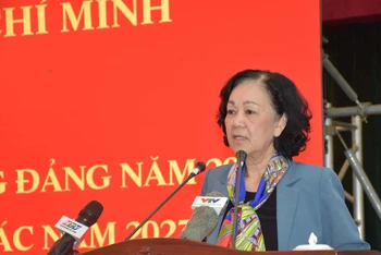 Đồng chí Trương Thị Mai, Ủy viên Bộ Chính trị, Bí thư Trung ương Đảng, Trưởng Ban Tổ chức Trung ương phát biểu chỉ đạo.