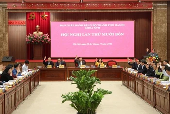 Các đại biểu biểu quyết thông qua chương trình hội nghị lần thứ 14, Ban Chấp hành Đảng bộ thành phố Hà Nội.