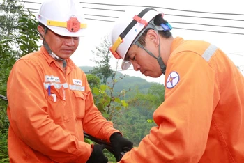 Công nhân công ty Điện lực Lào Cai kiểm tra lưới điện.
