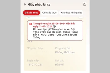 Hình ảnh hiển thị tạm giữ Giấy phép lái xe trên VNEID của công dân. (Ảnh: Cục Cảnh sát giao thông)