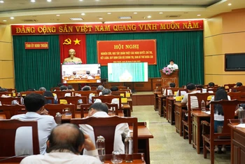 Quang cảnh điểm cầu chính của hội nghị tại hội trường Tỉnh ủy Ninh Thuận.