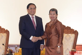 Thủ tướng Phạm Minh Chính và Phó Thủ tướng Campuchia Men Sam An. (Ảnh: Thanh Giang)