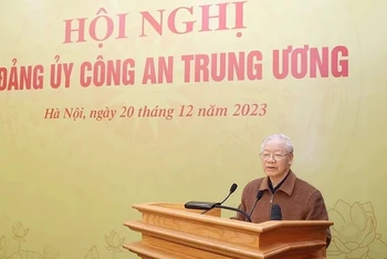 Tổng Bí thư Nguyễn Phú Trọng phát biểu tại Hội nghị Đảng ủy Công an Trung ương năm 2023. (Ảnh: TTXVN)