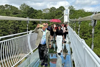 Du khách hào hứng tham quan, trải nghiệm Cầu kính Ngàn Thông tại Khu du lịch TTC Thung lũng Tình yêu, thành phố Đà Lạt. (Ảnh: TTXVN)