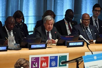 Tổng Thư ký Liên hợp quốc tại phiên Đối thoại cấp cao về tài chính vì sự phát triển. (Ảnh TÂN HOA XÃ)