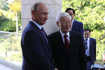 Tổng Bí thư Nguyễn Phú Trọng gặp và hội đàm với Tổng thống Liên bang Nga Vladimir Putin tại thành phố Sochi (Nga) năm 2018. (Ảnh: Đại sứ quán Việt Nam tại LB Nga)