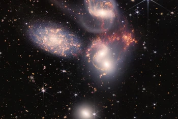 Bộ ngũ thiên hà Stephan, trong đó có bốn thiên hà bị trọng lực buộc lại với nhau. (Ảnh: NASA, ESA, CSA, STScI)