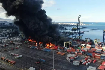 Hỏa hoạn tại cảng quốc tế Iskenderun của Thổ Nhĩ Kỳ. (Nguồn: hurriyetdailynews/TTXVN)