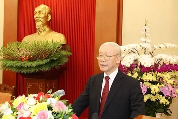 Tổng Bí thư Nguyễn Phú Trọng, Bí thư Quân ủy Trung ương phát biểu tại buổi gặp mặt đại biểu Đại hội Đoàn Thanh niên Cộng sản Hồ Chí Minh Quân đội lần thứ X (2022-2027). (Ảnh: Trí Dũng/TTXVN)