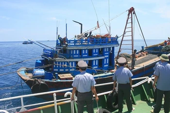 Lực lượng kiểm ngư kiểm tra việc chấp hành quy định thủy sản trên tàu cá.