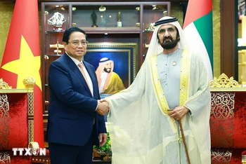 Thủ tướng Phạm Minh Chính hội đàm với Phó Tổng thống, Thủ tướng UAE Sheikh Mohammed bin Rashid Al Maktoum. (Ảnh: Dương Giang/TTXVN)