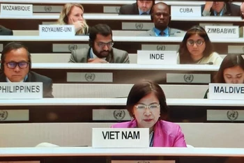 Đại sứ Lê Thị Tuyết Mai, Trưởng Phái đoàn đại diện Việt Nam tại Geneva phát biểu tại Phiên họp ngày 21/10. (Ảnh: baoquocte.vn) 