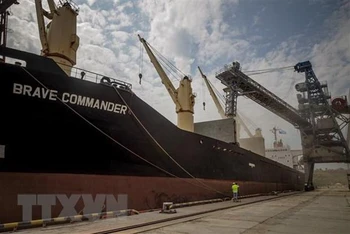 Chất ngũ cốc lên tàu đưa đi xuất khẩu tại cảng ở thành phố Yuzhne, Ukraine. (Ảnh: AFP/TTXVN)
