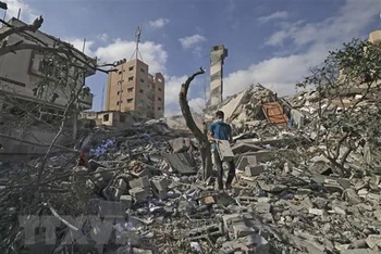 Người dân Palestine tìm kiếm đồ đạc còn sót lại trong toà nhà đã bị phá hủy trong các cuộc không kích của máy bay Israel xuống Dải Gaza. (Ảnh: AFP/TTXVN)
