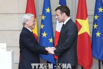 Tổng Bí thư Nguyễn Phú Trọng và Tổng thống Cộng hòa Pháp Emmanuel Macron. (Ảnh: TTXVN)