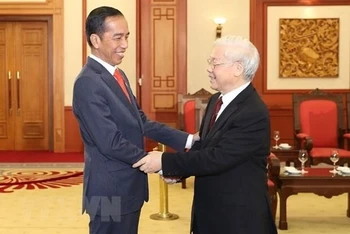 Tổng Bí thư Nguyễn Phú Trọng đón tiếp Tổng thống Indonesia Joko Widodo trong chuyến thăm Việt Nam, tháng 9/2018. (Nguồn: TTXVN) 