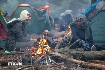 Người di cư tại một trại tạm được dựng lên ở khu vực Grodno, biên giới giữa Belarus với Ba Lan. (Ảnh: AFP/TTXVN)