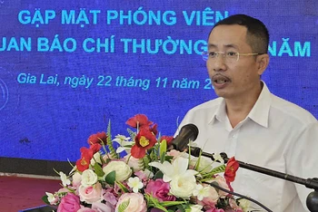 Phó chủ tịch Thường trực Hội Nhà báo tỉnh Gia Lai Trần Quốc Anh phát biểu tại hội nghị.