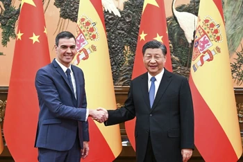 Chủ tịch Trung Quốc Tập Cận Bình (phải) tiếp Thủ tướng Tây Ban Nha Pedro Sanchez. (Ảnh: Tân Hoa Xã)