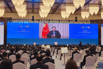 Tại lễ khai mạc, Phó Thủ tướng Trung Quốc Hà Lập Phong phát biểu bằng hình thức ghi hình. (Ảnh: Hồ Quân)