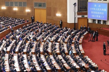 Các đại biểu Quốc hội Trung Quốc biểu quyết thông qua Luật Tổ chức Quốc vụ viện nước Cộng hòa nhân dân Trung Hoa (sửa đổi). (Ảnh: Tân Hoa Xã)