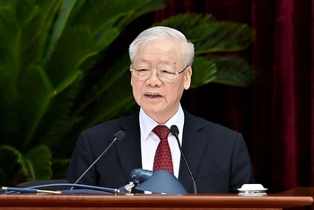Tổng Bí thư Nguyễn Phú Trọng phát biểu khai mạc Hội nghị. (Ảnh: ĐĂNG KHOA)