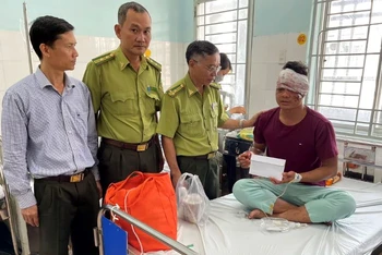 Lãnh đạo Chi cục Kiểm lâm Đồng Nai đến thăm hỏi kiểm lâm viên bị chém trọng thương đang điều trị tại Bệnh viện đa khoa Định Quán.