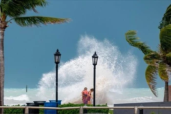 Sóng biển dâng cao và gió mạnh tại bờ biển Key West, bang Florida, Mỹ trước khi bão Idalia đổ bộ, ngày 29/8/2023. (Ảnh: AP/TTXVN)