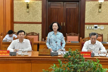 Đồng chí Trương Thị Mai, Ủy viên Bộ Chính trị, Thường trực Ban Bí thư, Trưởng Ban Tổ chức Trung ương phát biểu kết luận hội nghị giao ban quý III/2023. (Ảnh: ĐĂNG KHOA)
