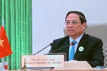 Thủ tướng Phạm Minh Chính phát biểu tại Hội nghị Cấp cao ASEAN - Hội đồng hợp tác Vùng Vịnh (GCC). (Ảnh: Dương Giang/TTXVN)