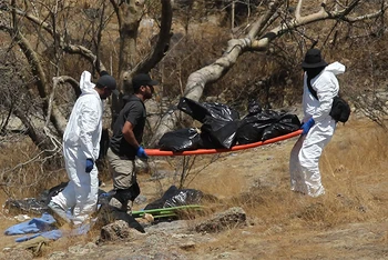 Chuyên gia pháp y tại hiện trường phát hiện các túi đựng bộ phận thi thể người ở Zapopan, bang Jalisco, miền tây Mexico, ngày 31/5. (Ảnh: Getty Images) 