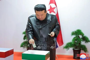 Nhà lãnh đạo Triều Tiên Kim Jong-un bỏ phiếu bầu cử địa phương tại điểm bầu cử ở tỉnh Nam Hamgyong, ngày 26/11/2023. Ảnh: YONHAP/TTXVN 