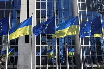 Cờ của EU và Ukraine bên ngoài trụ sở Nghị viện EU tại Brussels, Bỉ, ngày 28/2/2022. Ảnh: Reuters