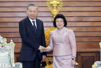 Chủ tịch nước Tô Lâm hội kiến Chủ tịch Quốc hội Campuchia Khuon Sudary. (Ảnh: TTXVN)