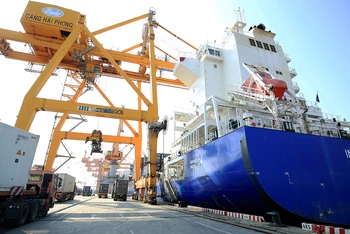 Bốc xếp hàng hóa xuất nhập khẩu tại Cảng Hải Phòng. (Ảnh DUY ÐĂNG)