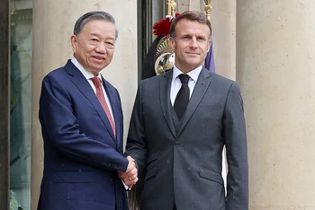 Tổng thống Pháp Emmanuel Macron đón Tổng Bí thư, Chủ tịch nước Tô Lâm. (Ảnh TTXVN)