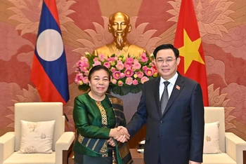 Chủ tịch Quốc hội Vương Đình Huệ và Phó Chủ tịch Quốc hội Lào Sounthon Xayachak tại buổi tiếp. (Ảnh: DUY LINH)