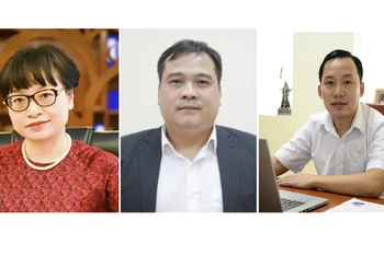 Từ trái qua phải ảnh: Hiệu trưởng Nguyễn Thị Quế Anh, Phó Hiệu trưởng Nguyễn Trọng Điệp, Phó Hiệu trưởng Trịnh Tiến Việt 