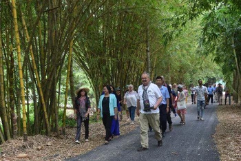 Du khách thăm quan tuyến đường tre tại khu du lịch sinh thái Gáo Giồng, huyện Cao Lãnh, tỉnh Đồng Tháp. (Ảnh: Hữu Nghĩa)