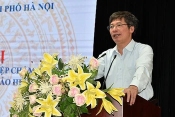 Lãnh đạo Bảo hiểm xã hội Hà Nội phát biểu tại chương trình. (Ảnh: HSS)